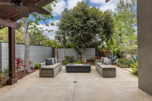 3995 Cypress Del Mar, San Diego, CA 92130 - fenced backyard featuring an outdoor living space with a fire pit, a patio area, and ceiling fan