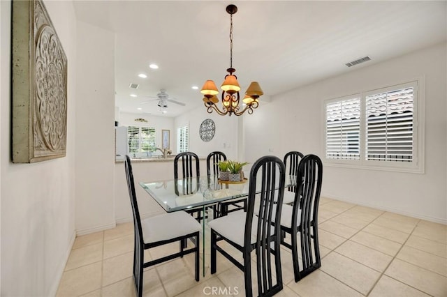 23820 Towish Dr, Corona, CA 92883 - dining area with recessed lighting, a chandelier, light tile patterned flooring, baseboards, and a ceiling fan