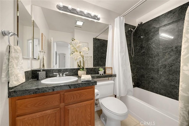 23820 Towish Dr, Corona, CA 92883 - bathroom with shower / bath combo, vanity, toilet, and tile patterned flooring