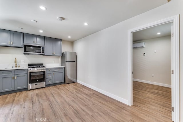 2756 W 15th St, Los Angeles, CA 90006 - kitchen featuring appliances with stainless steel finishes, gray cabinets, a sink, light wood-type flooring, and a wall mounted AC