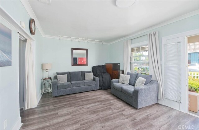 2756 W 15th St, Los Angeles, CA 90006 - living room with wood finished floors, crown molding, and rail lighting