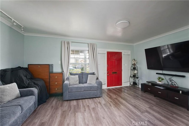 2756 W 15th St, Los Angeles, CA 90006 - living area with crown molding, wood finished floors, and rail lighting