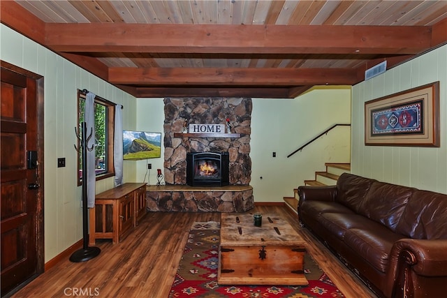 320 W Aeroplane Blvd, Big Bear City, CA 92314 - living room featuring stairway, wood finished floors, a fireplace, wood ceiling with exposed beams, and wooden walls