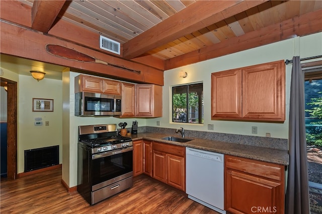 320 W Aeroplane Blvd, Big Bear City, CA 92314 - kitchen with stainless steel appliances, dark wood-style flooring, a sink, dark countertops, and wood ceiling with exposed beams