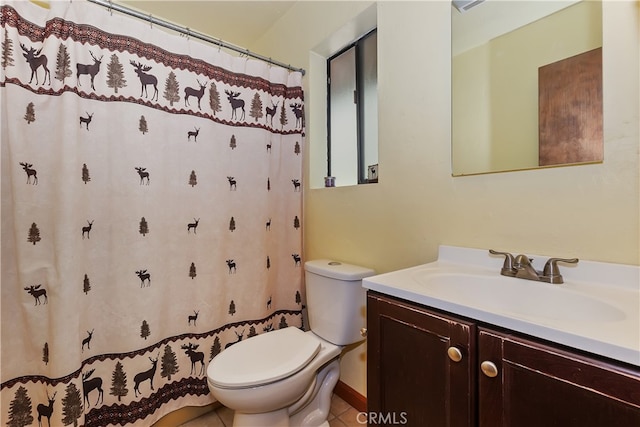 320 W Aeroplane Blvd, Big Bear City, CA 92314 - bathroom with toilet, vanity, curtained shower, and tile patterned flooring
