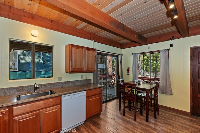 320 W Aeroplane Blvd, Big Bear City, CA 92314 - kitchen featuring dishwasher, a sink, dark wood finished floors, wooden ceiling with exposed beams, and brown cabinets