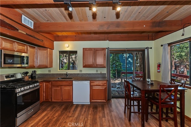 320 W Aeroplane Blvd, Big Bear City, CA 92314 - kitchen with stainless steel appliances, a sink, dark wood finished floors, wood ceiling with exposed beams, and brown cabinets