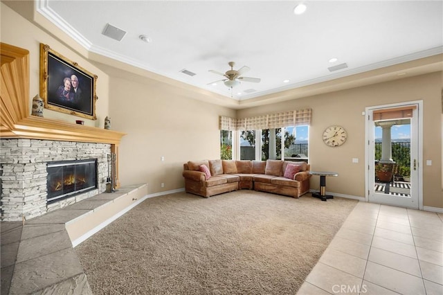 20130 Thagard Way, Yorba Linda, CA 92887 - living room featuring ceiling fan, crown molding, light colored carpet, a fireplace, and light tile patterned floors