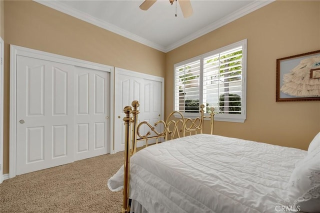 20130 Thagard Way, Yorba Linda, CA 92887 - carpeted bedroom featuring ornamental molding, two closets, and a ceiling fan