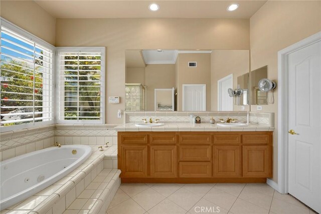 20130 Thagard Way, Yorba Linda, CA 92887 - bathroom with a whirlpool tub, double vanity, tile patterned flooring, ornamental molding, and a stall shower