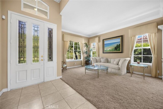 20130 Thagard Way, Yorba Linda, CA 92887 - foyer with carpet, baseboards, crown molding, and tile patterned floors