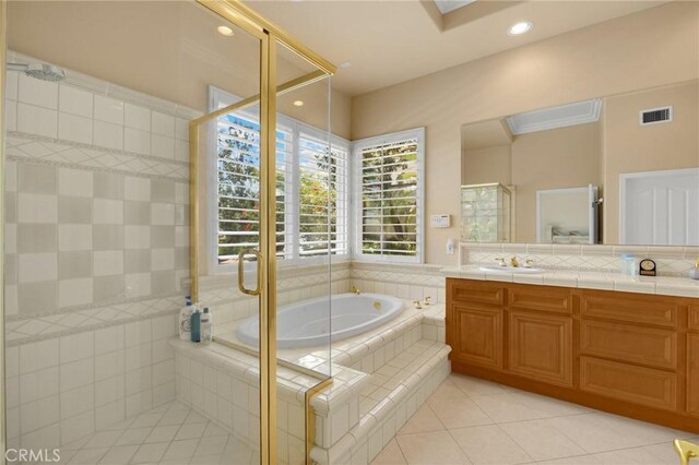 20130 Thagard Way, Yorba Linda, CA 92887 - bathroom featuring tile patterned floors, vanity, a garden tub, a shower stall, and recessed lighting