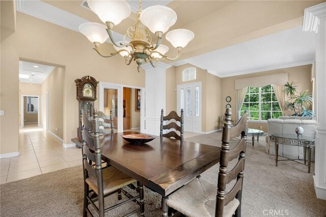 20130 Thagard Way, Yorba Linda, CA 92887 - dining area with a chandelier, crown molding, baseboards, light colored carpet, and light tile patterned floors