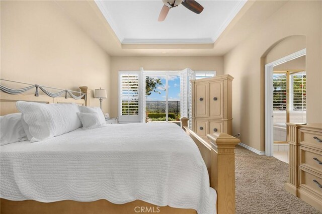20130 Thagard Way, Yorba Linda, CA 92887 - carpeted bedroom featuring access to outside, a raised ceiling, a ceiling fan, crown molding, and baseboards