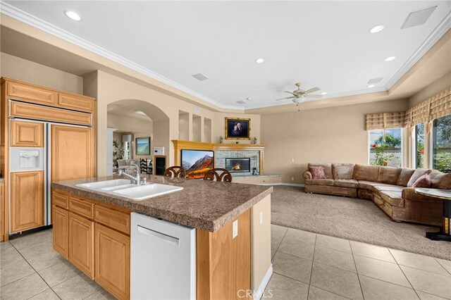 20130 Thagard Way, Yorba Linda, CA 92887 - kitchen with a sink, paneled built in refrigerator, white dishwasher, light colored carpet, and light tile patterned flooring