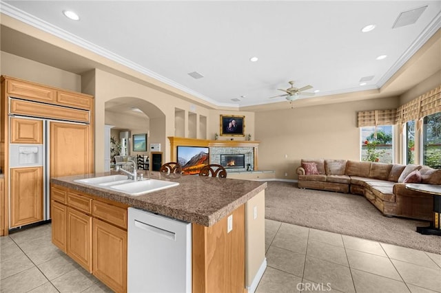 20130 Thagard Way, Yorba Linda, CA 92887 - kitchen featuring paneled fridge, dishwasher, light tile patterned floors, light carpet, and open floor plan