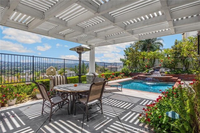 20130 Thagard Way, Yorba Linda, CA 92887 - fenced backyard featuring a pergola, a patio, outdoor dining area, and a pool with connected hot tub
