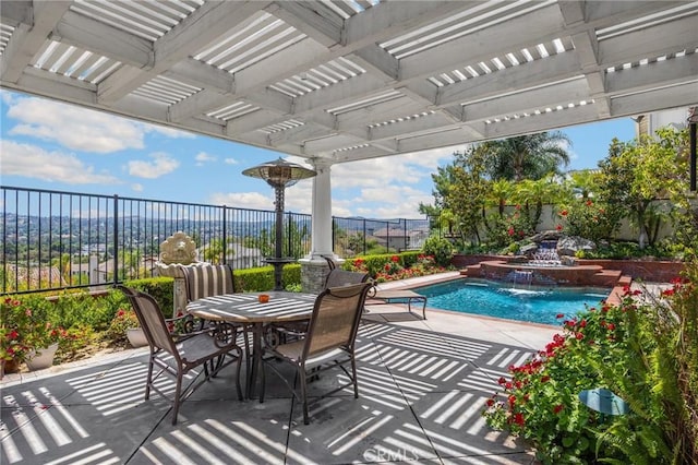 20130 Thagard Way, Yorba Linda, CA 92887 - fenced backyard featuring a pergola, a patio, outdoor dining space, and a pool with connected hot tub