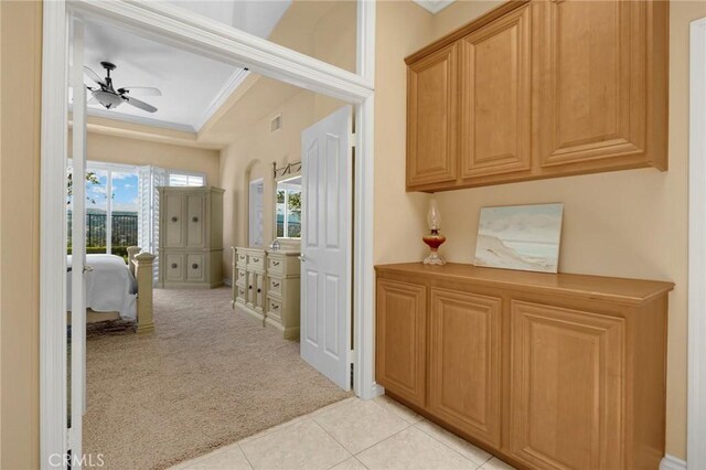 20130 Thagard Way, Yorba Linda, CA 92887 - hall featuring ornamental molding, light carpet, light tile patterned floors, and a tray ceiling