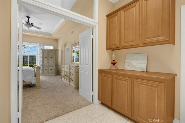 20130 Thagard Way, Yorba Linda, CA 92887 - hall with ornamental molding, light colored carpet, light tile patterned floors, and a raised ceiling