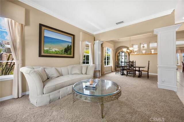 20130 Thagard Way, Yorba Linda, CA 92887 - living area with a chandelier, light carpet, ornamental molding, baseboards, and ornate columns