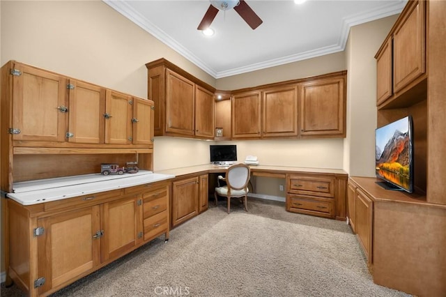 20130 Thagard Way, Yorba Linda, CA 92887 - office with built in desk, ornamental molding, a ceiling fan, and light colored carpet