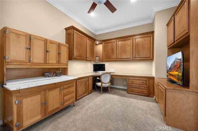 20130 Thagard Way, Yorba Linda, CA 92887 - home office featuring built in study area, ornamental molding, a ceiling fan, and light carpet