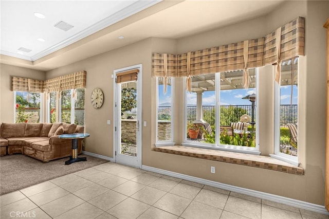 20130 Thagard Way, Yorba Linda, CA 92887 - carpeted living room with baseboards, tile patterned flooring, crown molding, and recessed lighting