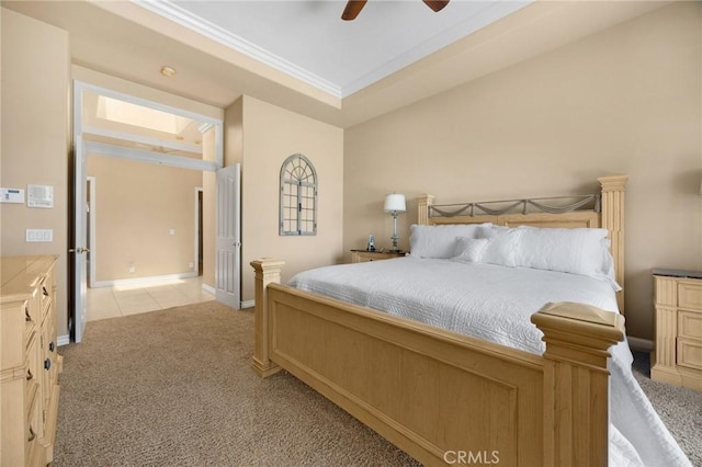 20130 Thagard Way, Yorba Linda, CA 92887 - bedroom with light colored carpet, crown molding, baseboards, ceiling fan, and light tile patterned floors