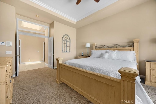 20130 Thagard Way, Yorba Linda, CA 92887 - bedroom with light carpet, crown molding, ceiling fan, and light tile patterned floors