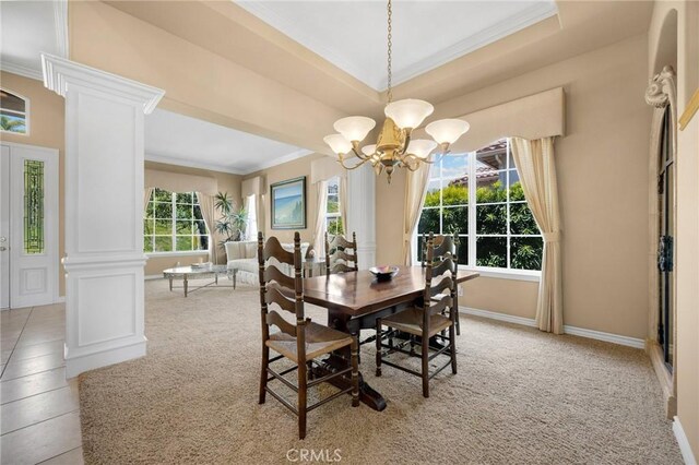 20130 Thagard Way, Yorba Linda, CA 92887 - dining area featuring ornamental molding, a chandelier, decorative columns, light colored carpet, and baseboards