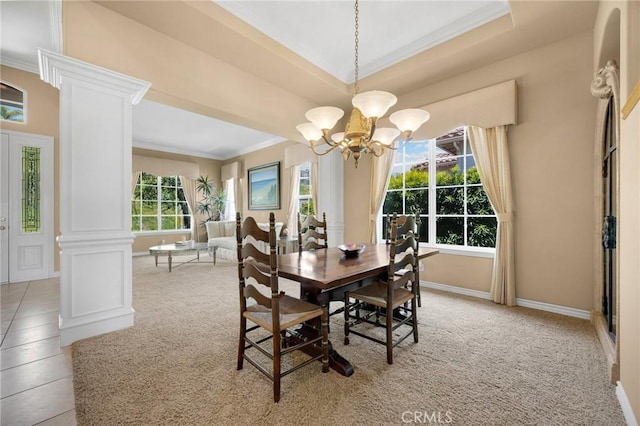 20130 Thagard Way, Yorba Linda, CA 92887 - dining area featuring crown molding, a chandelier, decorative columns, light colored carpet, and a raised ceiling