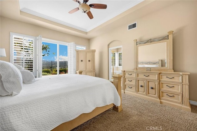 20130 Thagard Way, Yorba Linda, CA 92887 - carpeted bedroom featuring access to exterior, ceiling fan, baseboards, and a tray ceiling