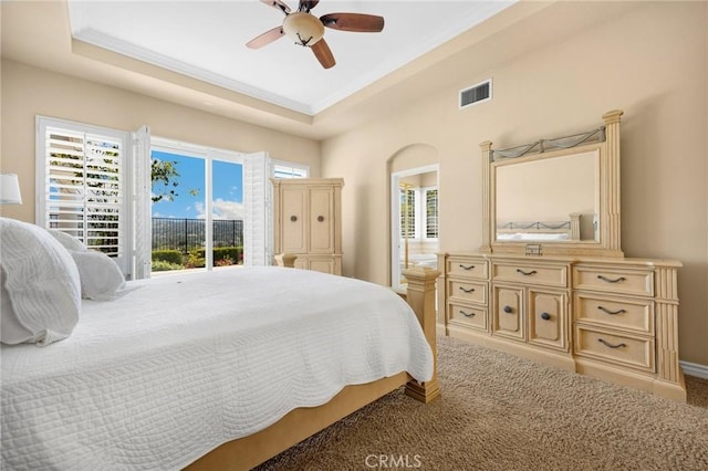 20130 Thagard Way, Yorba Linda, CA 92887 - bedroom featuring access to outside, carpet flooring, a ceiling fan, and a raised ceiling