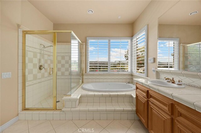 20130 Thagard Way, Yorba Linda, CA 92887 - full bathroom with a garden tub, vanity, tile patterned floors, and a stall shower