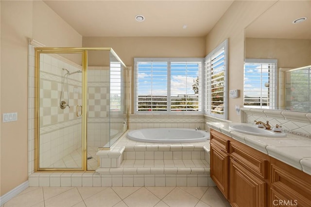 20130 Thagard Way, Yorba Linda, CA 92887 - full bathroom with a bath, vanity, tile patterned floors, and a stall shower