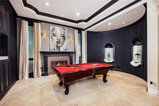 20391 Cypress St, Newport Beach, CA 92660 - recreation room featuring ornamental molding, billiards table, a high end fireplace, light tile patterned flooring, and recessed lighting
