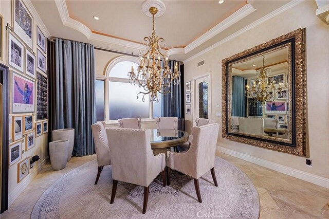 20391 Cypress St, Newport Beach, CA 92660 - dining space featuring a chandelier, ornamental molding, a raised ceiling, and recessed lighting
