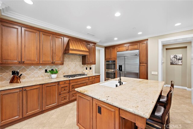 7 Illuminata Ln, Ladera Ranch, CA 92694 - kitchen featuring appliances with stainless steel finishes, a sink, custom exhaust hood, light tile patterned flooring, and ornamental molding