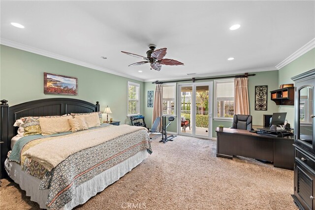 7 Illuminata Ln, Ladera Ranch, CA 92694 - bedroom with a desk, access to exterior, ornamental molding, recessed lighting, and carpet