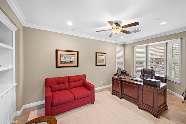 7 Illuminata Ln, Ladera Ranch, CA 92694 - office featuring a ceiling fan, baseboards, recessed lighting, and ornamental molding