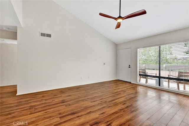 3062 Associated Rd Unit 9, Fullerton, CA 92835 - spare room featuring ceiling fan, wood finished floors, high vaulted ceiling, and a smoke detector
