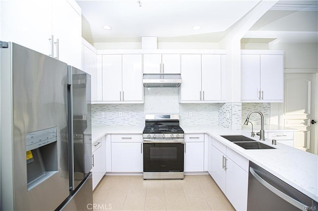 1598 Long Bch Unit 405, Long Beach, CA 90813 - kitchen featuring appliances with stainless steel finishes, under cabinet range hood, a sink, white cabinetry, and recessed lighting