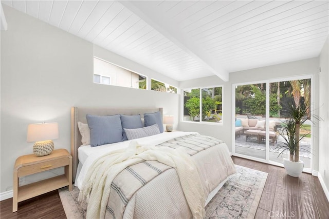 9 W Avenida Cornelio, San Clemente, CA 92672 - bedroom featuring access to exterior, baseboards, wood finished floors, and wood ceiling with exposed beams