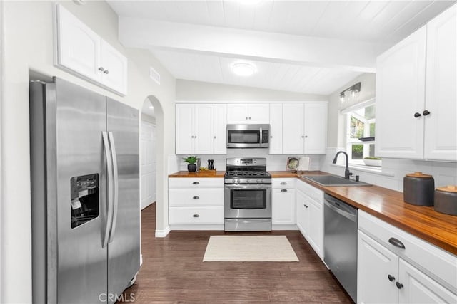 9 W Avenida Cornelio, San Clemente, CA 92672 - kitchen featuring stainless steel appliances, butcher block counters, a sink, dark wood-style floors, and white cabinets