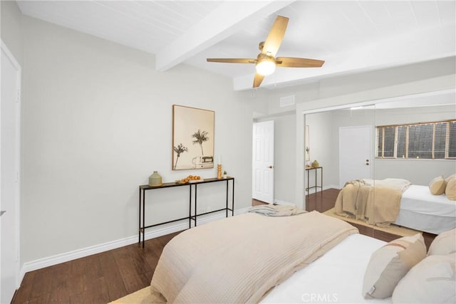 9 W Avenida Cornelio, San Clemente, CA 92672 - bedroom featuring wood finished floors, baseboards, beam ceiling, and ceiling fan
