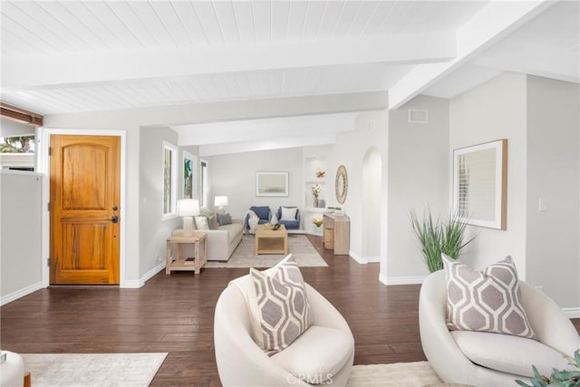 9 W Avenida Cornelio, San Clemente, CA 92672 - living area with dark wood-type flooring, baseboards, arched walkways, and wood ceiling