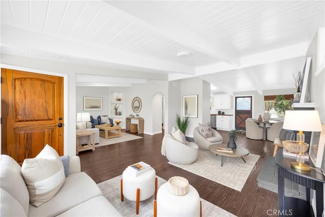 9 W Avenida Cornelio, San Clemente, CA 92672 - living area with wood finished floors, beamed ceiling, arched walkways, and baseboards