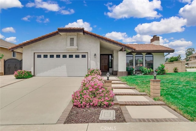 5697 Los Robles, La Verne, CA 91750 - mediterranean / spanish-style home featuring a tiled roof, a garage, stucco siding, concrete driveway, and a chimney