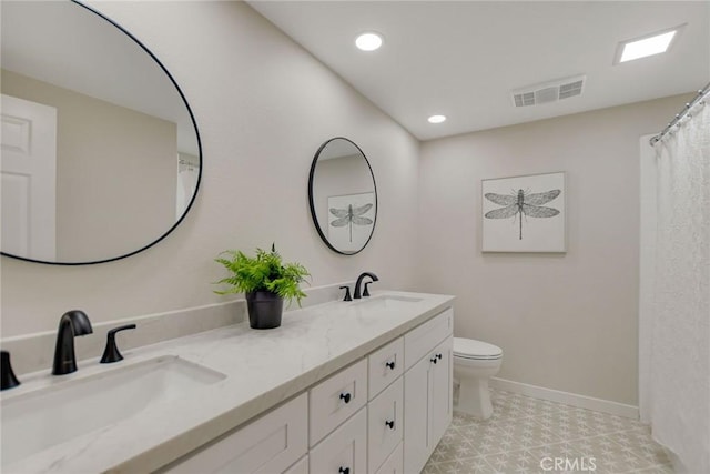 5697 Los Robles, La Verne, CA 91750 - full bathroom featuring double vanity, toilet, baseboards, recessed lighting, and a shower with curtain